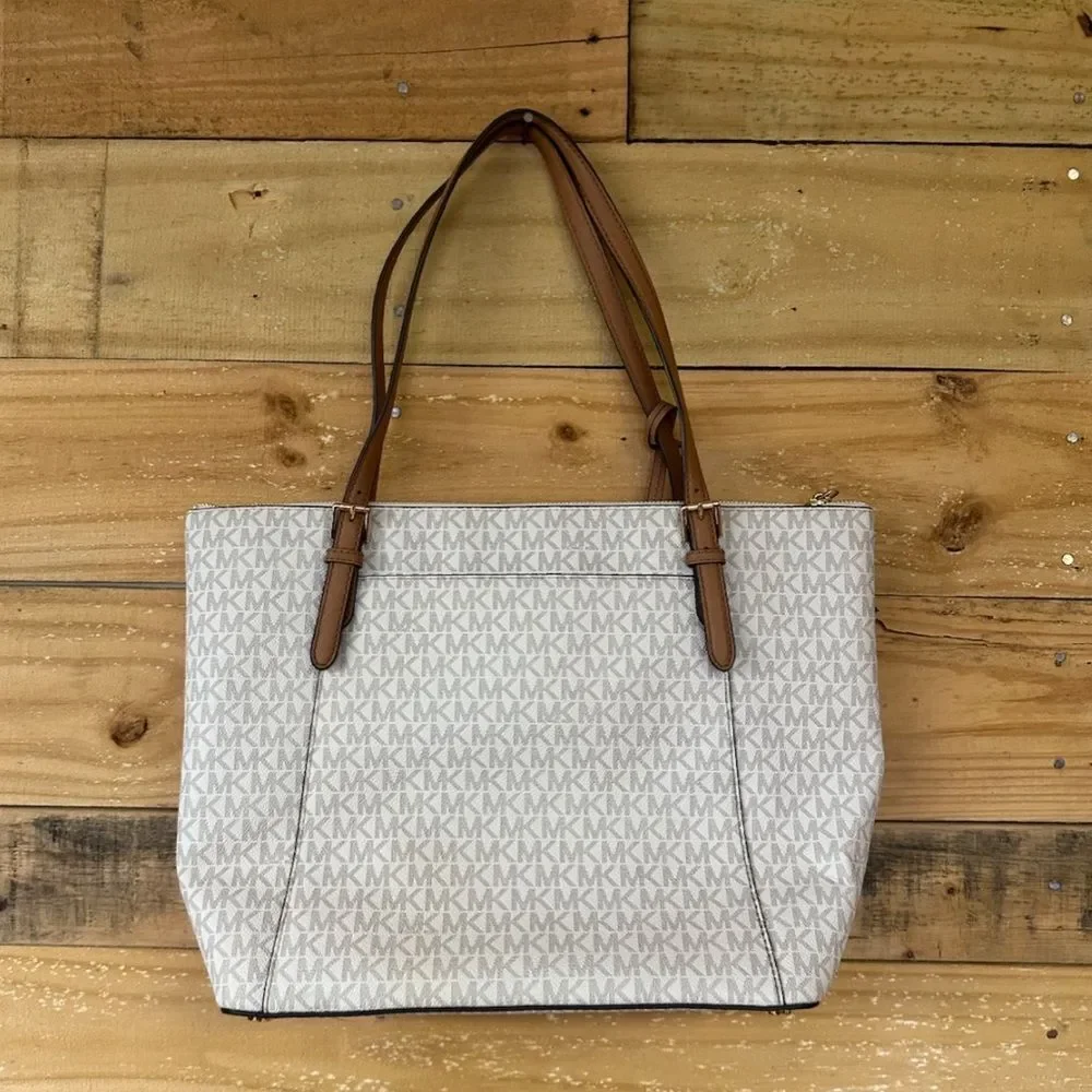 NWOT Michael Kors Ciara Vanilla & Tan Large TZ Tote Leather Bag Top Zip Logo - Picture 4 of 8